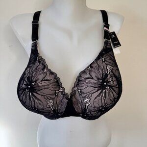NWT La Vie En Rose Bra Sleekback Sheer Lace Black Rose Pink Sz 42D
